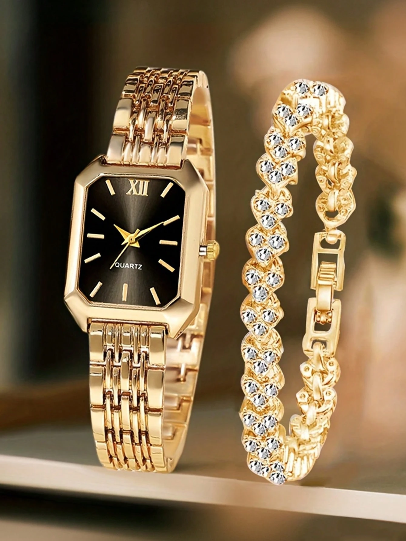 Set de 2 piezas de reloj de cuarzo con esfera de números romanos y pulsera