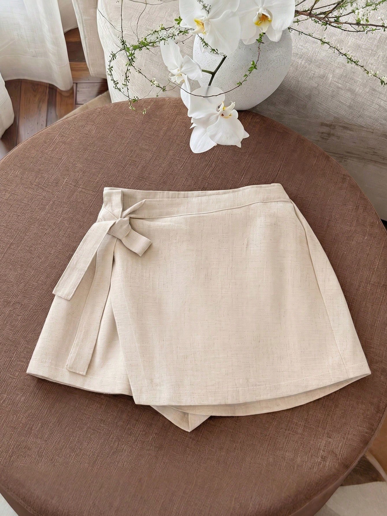 Falda Pantalón Minimalista De Color Liso Con Nudo Envolvente Para Mujer, Estilo Casual Para Uso Diario Y Desplazamientos, Elegante Para Verano